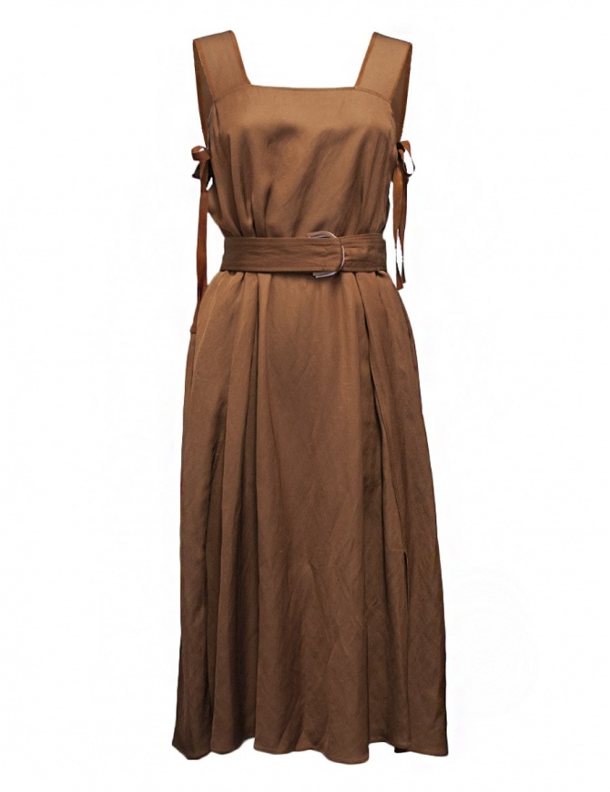 Rito Caramel Brown Linen Apron Dress with Wide Belt