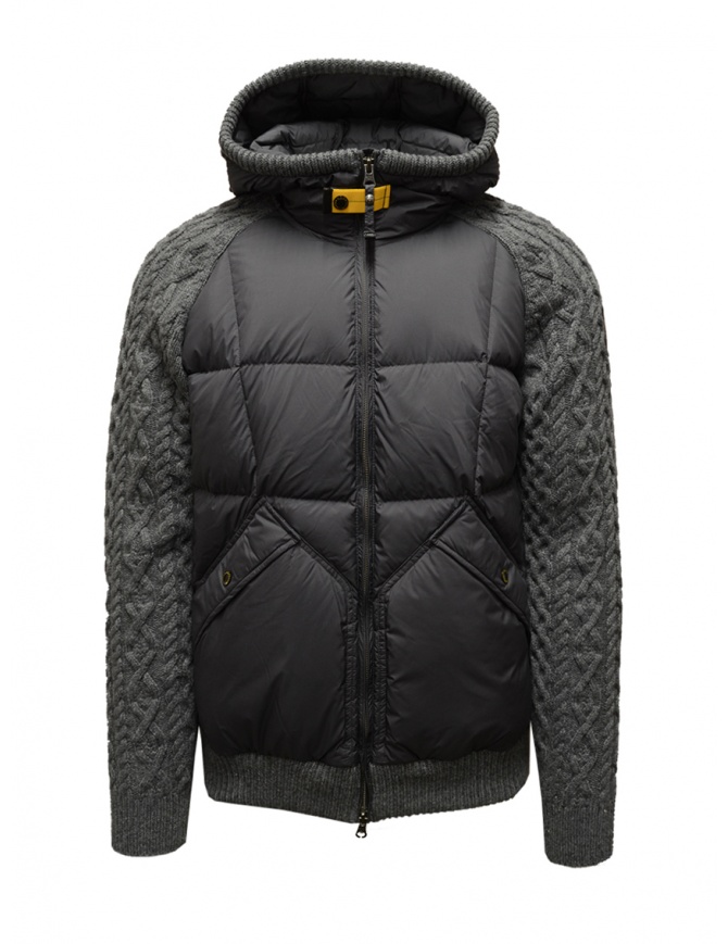 gray down jacket with wool sleeves