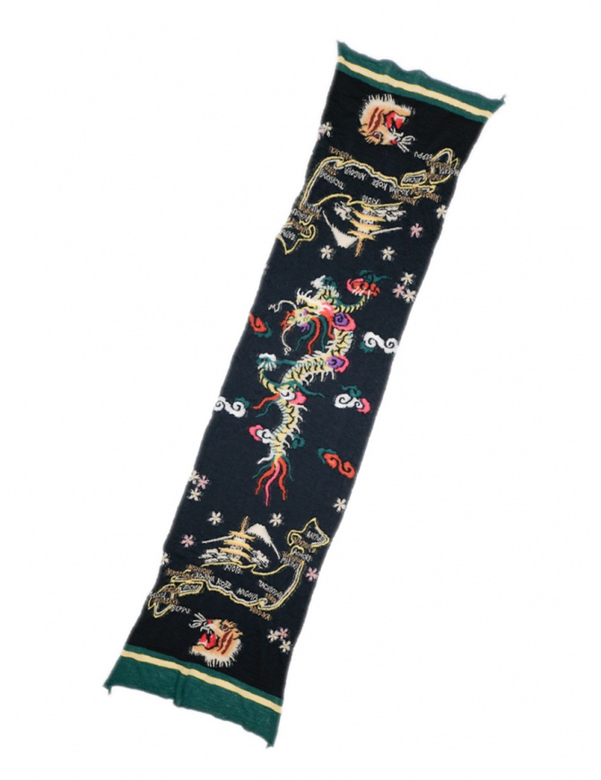 Kapital Happy long black wool scarf with dragon