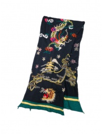 Kapital Happy black wool scarf with dragon