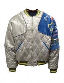 Mens jackets online: Kapital bomber jacket / pillow in grey rayon and blue velvet