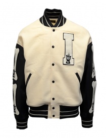 Mens jackets online: Kapital I-Five Varsity wool bomber jacket with leather sleeves