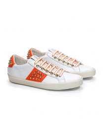 Womens shoes online: Leather Crown STUDLIGHT studded sneakers in white and orange