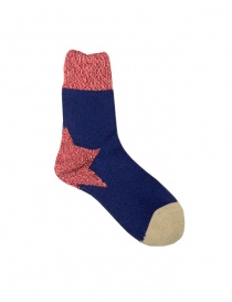 Socks online: Kapital blue socks with red star on the heel