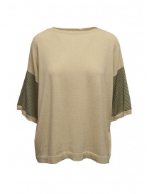 Women s knitwear online: Ma'ry'ya beige cotton sweater with striped sleeves