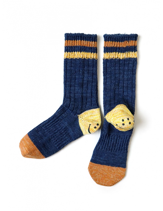 Kapital Happy Heel blue socks with smiley on the heel and orange toe EK-1236 NAVY socks online shopping