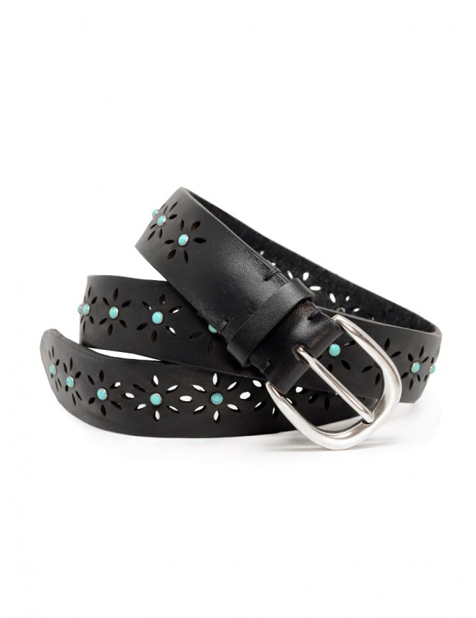 Post & Co. black leather belt with turquoise TC825 MORB NERO