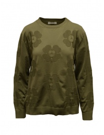 Women s knitwear online: Monobi military green sweater with 3D flowers