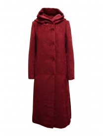 Womens coats online: Maison Lener Temporel long hooded coat in burgundy red