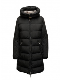 Womens jackets online: Parajumpers Tracie long black down jacket with hood