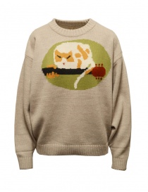 Women s knitwear online: Kapital beige pullover with a cat on a guitar