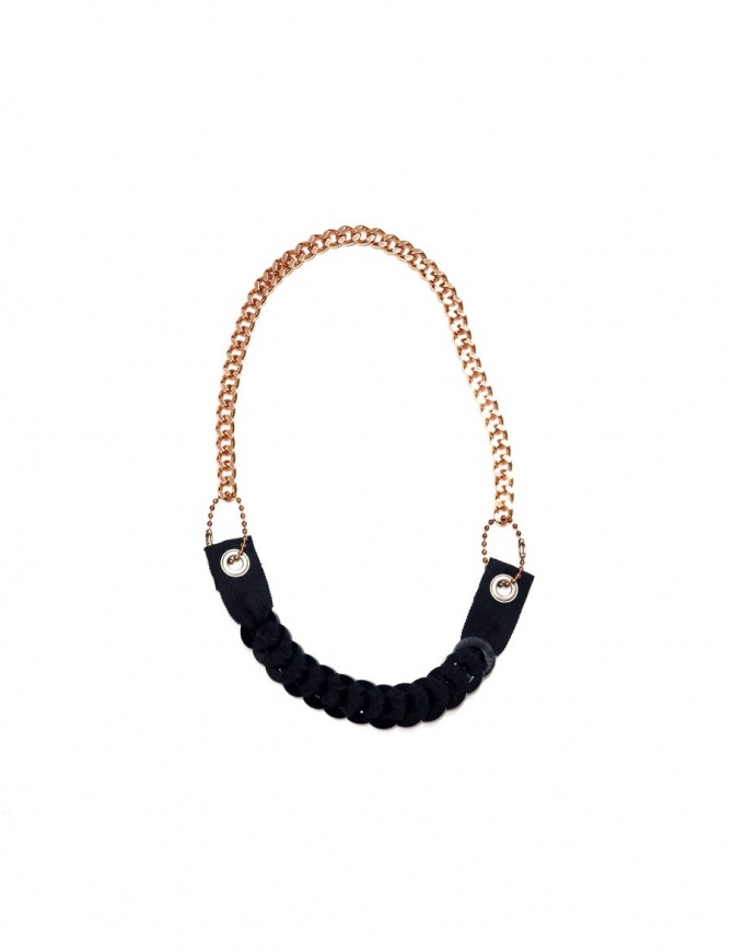 Ligia Dias necklace with pink brass chain and black washers A5 BLACK WASHERS CREAM PEARLS